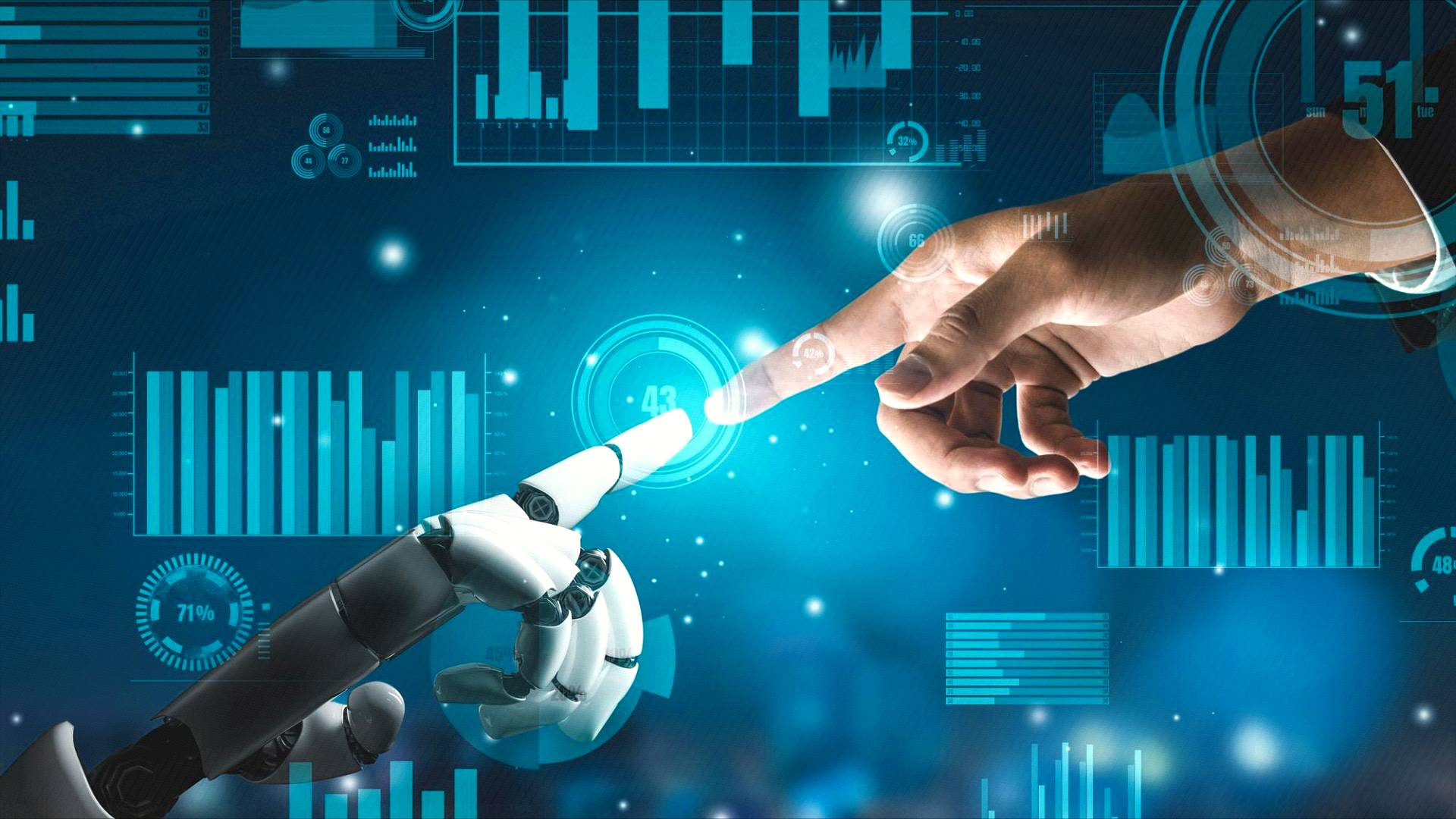 Ręka człowieka i robota oraz hologramy symbolizujące AI, finanse i analizę cyfrową